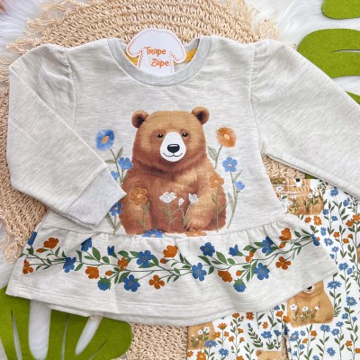 Conj. Blusa Manga Longa Ursa no Jardim e Calça Legging Floral - Mescla
